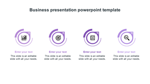 Horizontal layout with four purple arrows in circular frames, each with an icon representing business concepts.