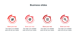 PowerPoint template with four red circular icons representing business growth, targets, strategy, and analysis with text.