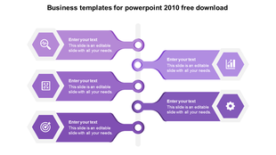 Modern business infographic PPT template with a vertical timeline and five purple hexagonal icons with placeholder text.