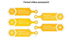 Yellow hexagon timeline with six steps, alternating sides along a vertical path, each with an icon and caption areas.