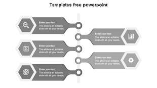 Modern business infographic PPT template with a vertical timeline and five grey hexagonal icons with placeholder text.