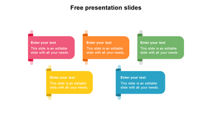 Colorful infographic slide with five text boxes arranged in a dynamic layout on a white backdrop.
