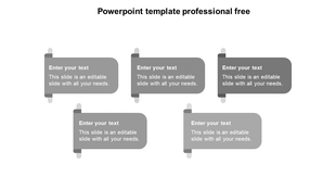 Gray scroll style infographic with five rounded boxes arranged in a 3-2 layout, each containing placeholder text.