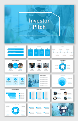 Investor pitch deck template featuring slides for problems, solutions, timeline, vision, team and business model.