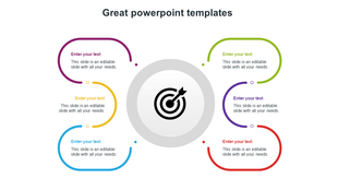 Circular target infographic with six curved colored text boxes in two column around a central bullseye icon in a gray circle.