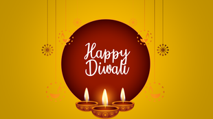 Glowing Diwali lamp trio in front of a large red circle with text, set against a yellow background.