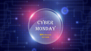 Cyber Monday PowerPoint template with a futuristic digital theme and glowing neon elements.