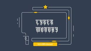 Gothic Cyber Monday text inside a white outlined frame with tech style lines, yellow star, and discount tag at the bottom.