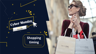 Dark blue background with dynamic geometric shapes, promoting cyber monday discounts and a woman holding shopping bags.