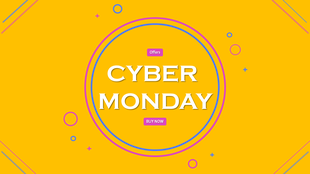 A colorful Cyber monday slide designed with a bright yellow background, highlighting the event with the phrase and buttons.