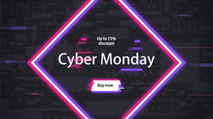 Cyber Monday PowerPoint template with a neon diamond frame and glitch effects on a dark digital background.