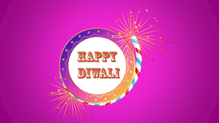 Diwali greeting card design with fireworks and a colorful circular frame surrounding the text, on a pink background.