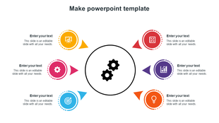 Circular infographic with six icons around a central gear symbol, each icon paired with a triangle and placeholder text.