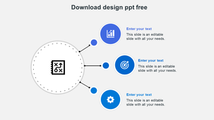 Design strategy icon on left with three blue circular icons on right, each linked by black lines to text placeholders.