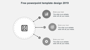 Slide with a white circle in the center and three smaller gray icons placed around it, each with a corresponding text box.
