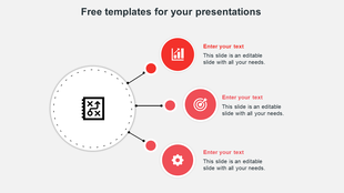 Central white circle with strategy icon connected to three red circular icons on the right, each with text placeholders.