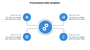 Slide with a central blue gear icon connected to four surrounding circular icons, with text fields.
