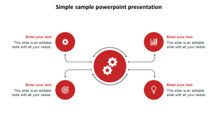 Central red circle with two gear icons linked to four outer red circles showing icons like chart, bulb, target, and cogwheel.