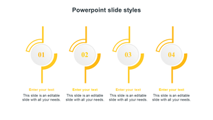 Sleek slide layout featuring four white circular icons, numbered 01 to 04, with yellow curves and text areas below.