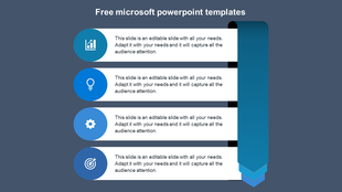 Slide design featuring four circular icons with matching text fields, complemented by a blue gradient arrow banner.
