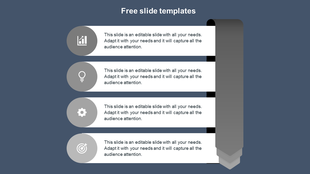 Vertical slide layout with four horizontal white bars containing gray circular icons and text on a dark blue background.
