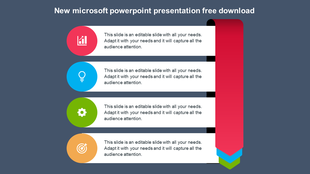 A new Microsoft slide with a vertical ribbon design and four sections, each in a colored icon and  placeholder text.