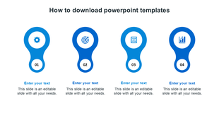 Four blue keyhole shaped icons arranged horizontally, each labeled with numbers and text placeholders below.