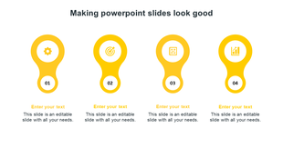 Yellow themed PowerPoint template with four infographic sections displaying icons for settings, target, strategy, and growth.