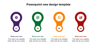 Four vertical pin shaped segments in purple, green, orange, and red with icons at the top and numbers 01 to 04 at the base.