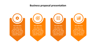 Business proposal slide featuring four orange icons with placeholders for text.
