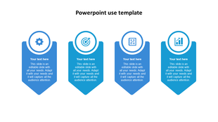 Blue PowerPoint template with four infographic sections featuring icons for settings, target, strategy, and analytics.