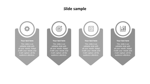 Grayscale slide with four pointed label boxes, gear and chart icons on top, and customizable text sections below each icon.