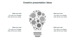 Creative PPT presentation template featuring a grey light bulb and four text placeholders around it on a white backdrop.