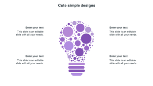 Purple circular lightbulb graphic made of gradient dots, with four text placeholders positioned at each corner of the slide.
