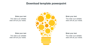 PowerPoint design in yellow hues with a bulb illustration composed of circles and four sections for text.
