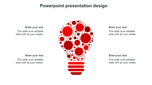 Red circular lightbulb graphic made of dots in the center, with four surrounding text placeholders on a white background.
