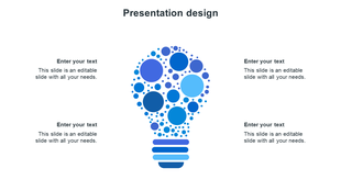 Creative PPT presentation template featuring a blue light bulb and four text placeholders around it on a white backdrop.