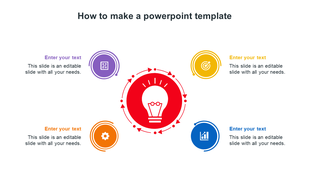 How to make a template with red central lightbulb icon encircled by arrows, with four icons and matching caption areas.