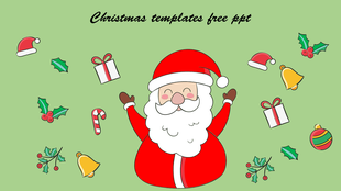 Festive illustration featuring Santa Claus, gifts, holly leaves, and Christmas ornaments against a green background.