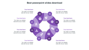 Circular purple infographic with eight segments numbered, each with an icon, and captions surrounding the chart.