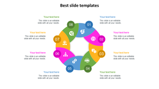 Colorful circular diagram with eight segments and icons, each paired with numbers and text sections around it.