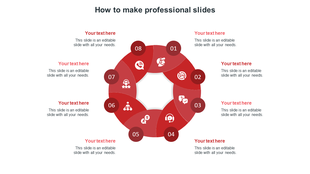 Red circular design with eight numbered icons and corresponding text placeholders, arranged in a clockwise sequence.