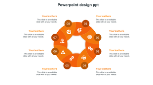 Circular infographic with eight purple segments and icons, each numbered, surrounded by matching text placeholders.