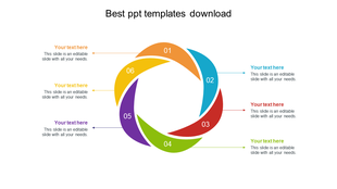 Colorful circular best infographic PowerPoint template with six segments, each labeled with numbers and text placeholders.