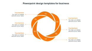 Business slide with a six part orange diagram like a swirl each placed with captions placed in a white backdrop.