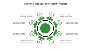 A business proposal slide featuring a central green circle surrounded by icons representing various business aspects.