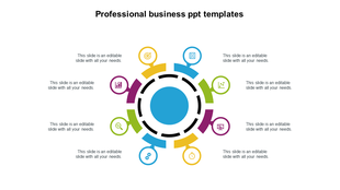 Circular business diagram with eight multicolor segments around a blue center, each linked to icons and text on both sides.
