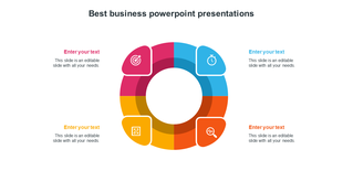 Colorful circular best business PPT template with four labeled sections, each containing an icon and text placeholders.