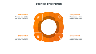 Business diagram with orange ring split into four icon sections, each aligned with placeholder text on a white background.