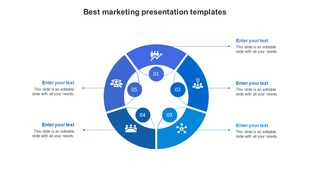 Circular design with five segments, each containing an icon, with text placeholders linked by lines in blue tones.
